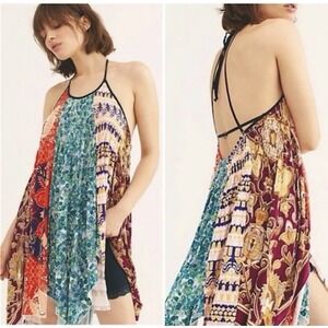 Free People Mini Dress Sz M tunic Patchwork hippie festival Handkerchief Hem Y2K